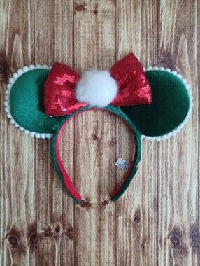 Disney Parks Christmas Green & Red Holiday Minnie Mouse Ears Headband Velvet